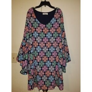 PEACH LOVE CALIFORNIA Sheath Dress Navy Boho Colorful Fun Flowy Hippie Sz Medium